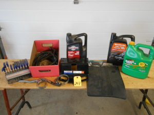 REESE HITCH PLATE, SPLASH GUARDS, BUNGIE CORDS, HEX KEY SET, OIL FILTER WRENCHES, HYDRAULIC OIL, TRANSMISSION FLUID, QUAKER STATE OIL