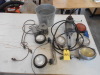 OLD LIGHTS, CHARGER, GRINDER, ANTIQUE BATTERY CHARGER, ALUMINUM BUCKET