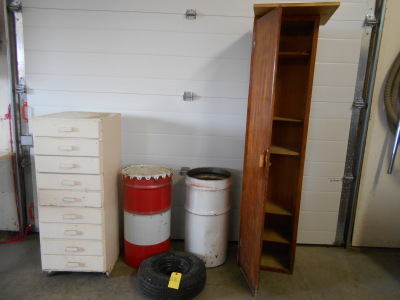 LOCKER, 9 DRAWER CABINET, SMALL STEEL BARRELS