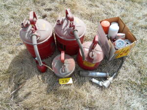 OLD METAL GAS CANS, OIL FILTERS, HAND GREASER, AIR GREASE GUN
