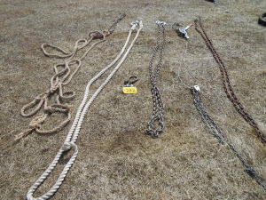 TOW ROPES, CLEVIS, COME-ALONG WITH CHAIN END, BALL HITCH, GOOD CHAINS WITH HOOKS