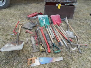 SHOVELS, AXES, SAWS, LEVEL, SOCKET SET, TIRE IRONS, WRENCHES, BLADES, BROWN TRUNK
