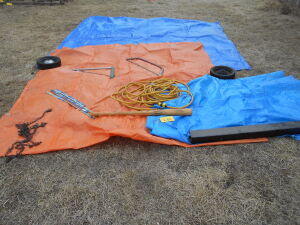 3 TARPS, HD EXTENSION CORD, 2 SMALL TIRES, HAND SAWS, SAW BLADES, LOUIEVILLE SLUGGER BAT