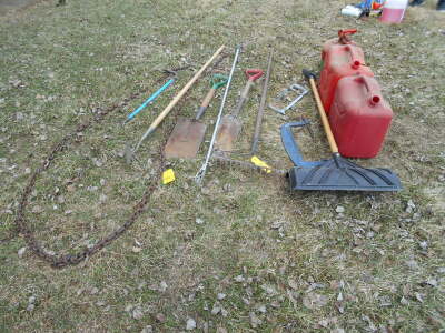 GARDEN TOOLS, CHAIN, SAW, LRG 'C' CLAMP, GAS CANS