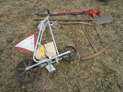 GARDEN SEEDER, OLD SAW, SHOVEL, JACK ALL, 'YIELD' SIGN