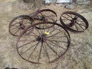 4 ANTIQUE METAL WHEELS & HITCH