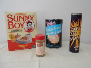 SUNNY BOY CEREAL, WOODWARDS PINEAPPLE JUICEN & ONION POWDER, PIC UP STIX GAME