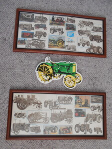 2 FRAMED ANTIQUE TRACTORS PICTURES & JOHN DEERE CLOCK