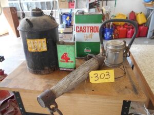 ANTIQUE GAS CAN, HEATER, EVENER, 2 OIL CANS