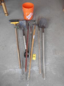 SQUARE SHOVEL, SPADE, PITCH FORK, RAKE, BROOM, 3 GARDEN HOES, PAIL 