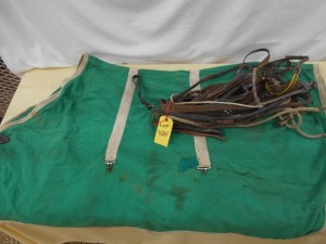 Assorted Cavensons, Calf Show Halter, Martingales, Used Rope, Extra Leather. 56" Blanket