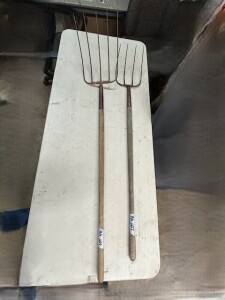 2 WOODEN HANDLE PITCH FORKS